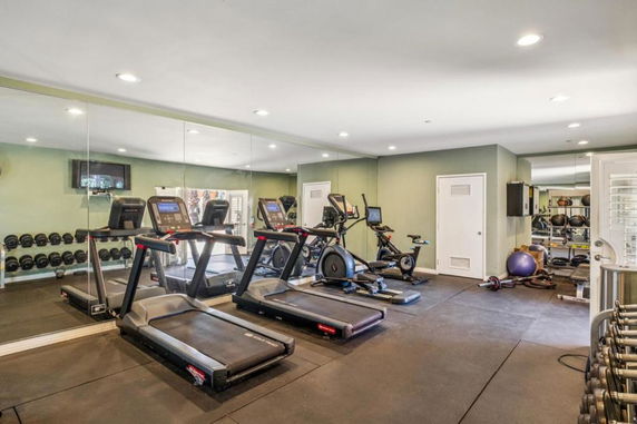 Room equipped with exercise machines and weights.