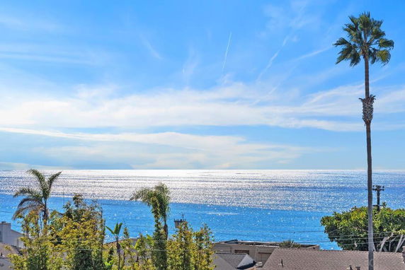 Panoramic view of the ocean with sunlight reflecting on the water and palm trees in the foreground.