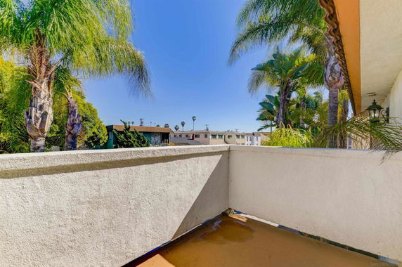 View from a balcony showing nearby palm trees and distant buildings.