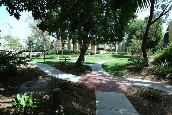 Pathways and gardens in an apartment complex.
