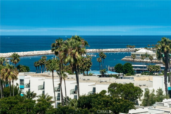 View of the ocean and nearby buildings from higher ground