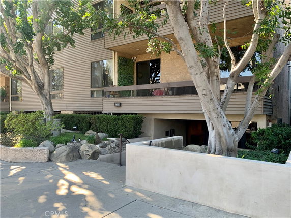 Front view of a multi-story building with trees and shrubbery.