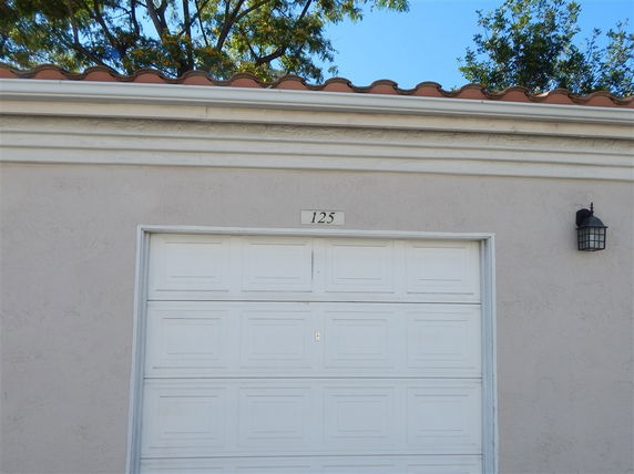 Front view of a garage with a white door and house number 125.