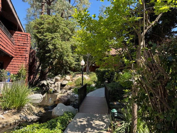 Outdoor view of a pathway surrounded by trees and plants near a building.