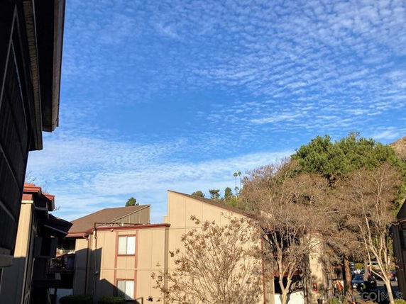 View of buildings and trees under a blue sky with clouds
