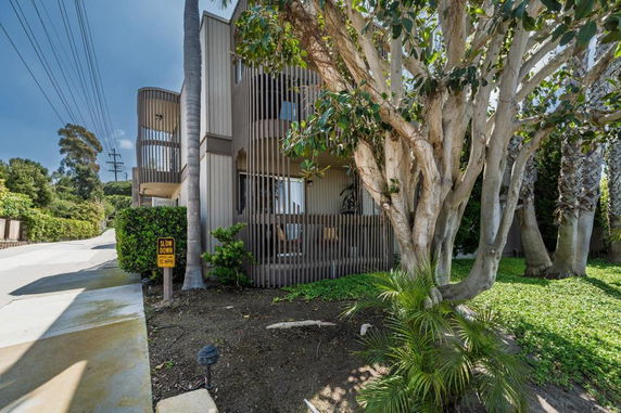 Front view of a multi-story building with vertical wooden slats and large trees in the foreground.