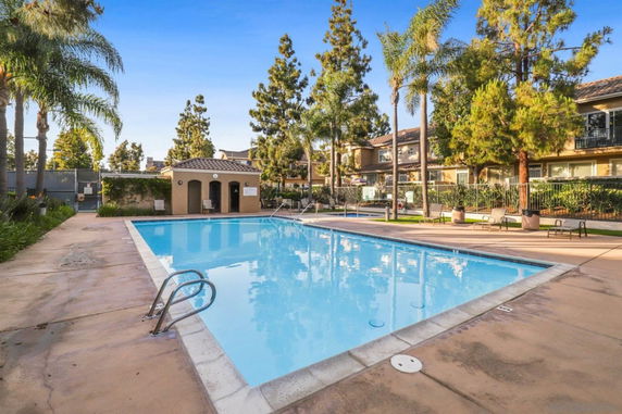 Outdoor swimming pool area with surrounding trees and a small building nearby.