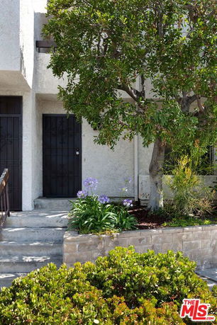 Front view of a house entrance with a tree and plants in front.