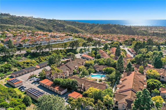Aerial view of a residential area with multiple houses and a swimming pool surrounded by greenery.
