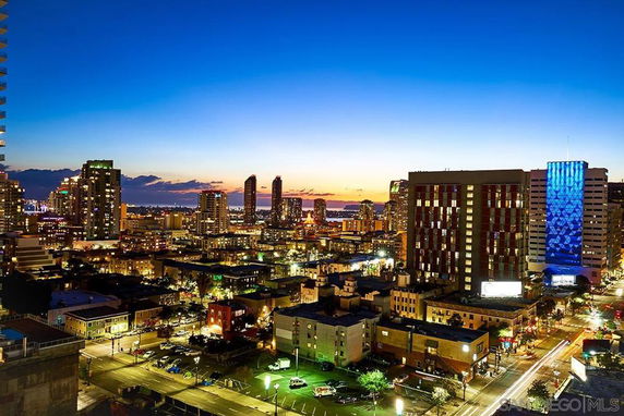 Panoramic view of a city skyline at sunset.