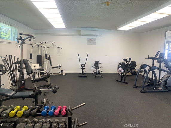 Room with various gym equipment such as treadmills and weights.