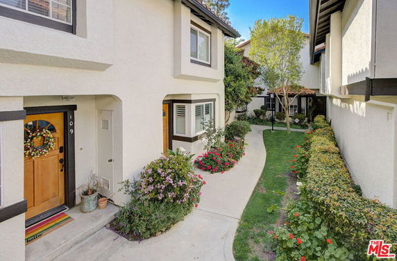 Front view of townhouses with decorative plants and pathway.