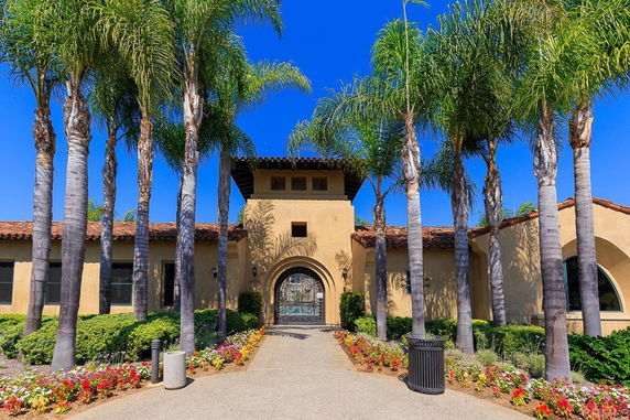 Front view of a single-story house with a central arched entrance and surrounded by palm trees.