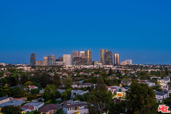 Wide angle view of a city skyline with residential buildings in the foreground.