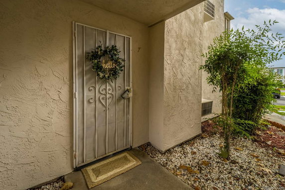 Front view of a house entrance with a decorative door and a small garden area.