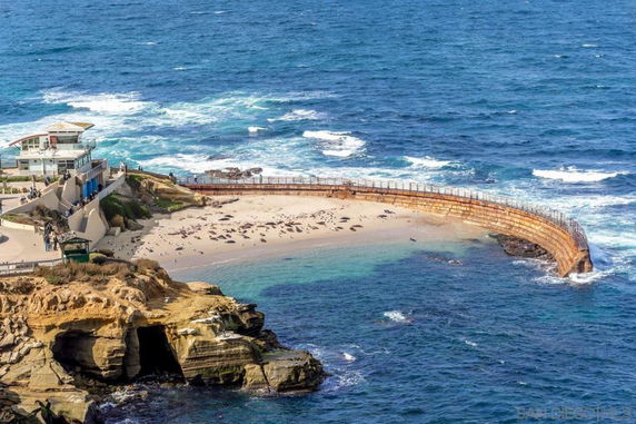 A coastal area with a curved seawall, a sandy beach, and a building overlooking the ocean.