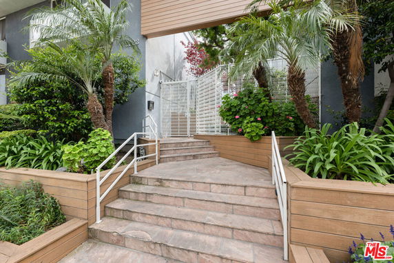 Front view of a house entrance with stairs and plants.