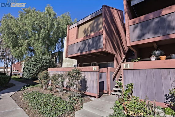 Front view of a multi-story townhouse with balconies and potted plants.