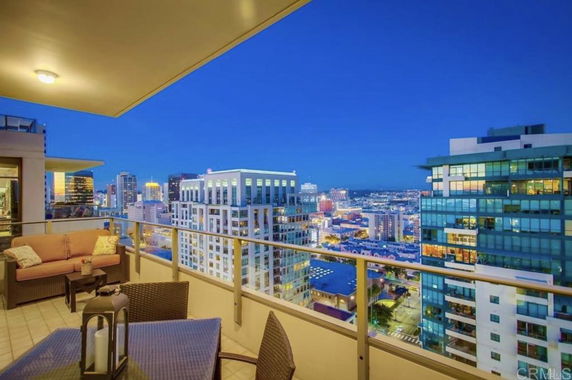 Balcony view overlooking cityscape with high-rise buildings.