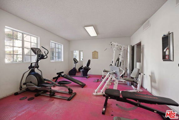Room with gym equipment including exercise machines and weights.