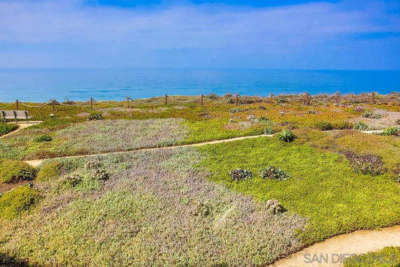 A scenic view of a coastal area with greenery and a pathway leading to a fence overlooking the ocean.