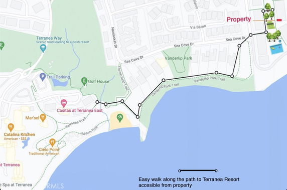 Map showing path from a property to Terranea Resort along Vanderlip Park Trail.