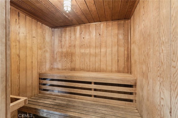 Interior view of a wooden sauna room.