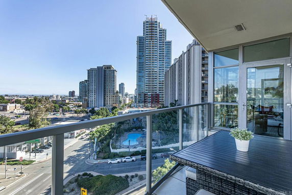 Panoramic view from a balcony overlooking city skyscrapers and streets.