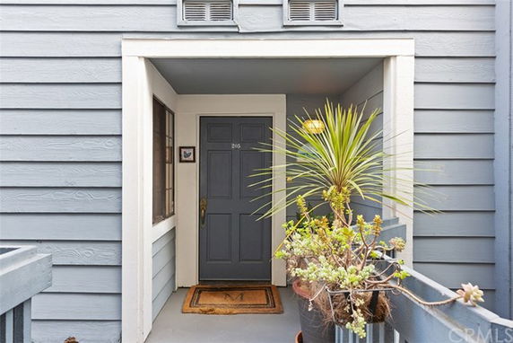 Front entrance of a house with a gray door and siding, featuring a potted plant beside the doorway.