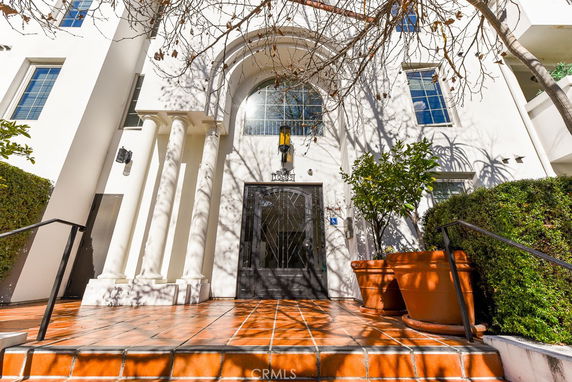 Front view of a building entrance with white columns and terracotta tiled steps.