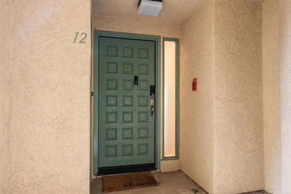 Front view of an entrance door with a textured cream wall.
