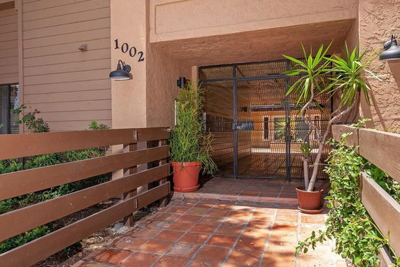 Front view of a building entrance with a gated entry and potted plants.