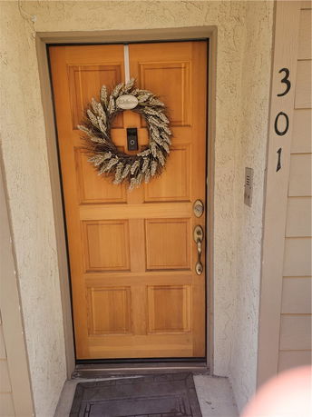 Front view of a door with a decorative wreath.