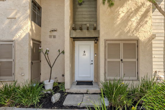 Front view of a house entrance with a white door and surrounding foliage.