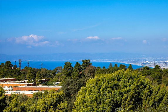 Wide angle view of coastal and surrounding area with trees and buildings.