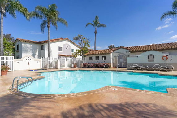 Outdoor swimming pool with a building in the background and palm trees around.