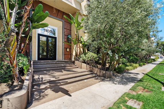 Front view of a building entrance with steps and greenery.