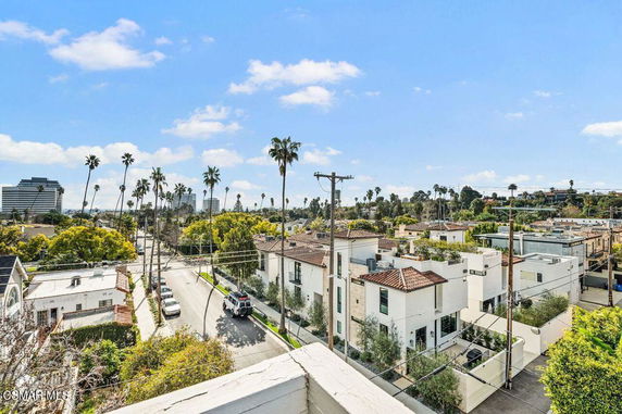 Panoramic view of a neighborhood with palm trees and distant buildings.