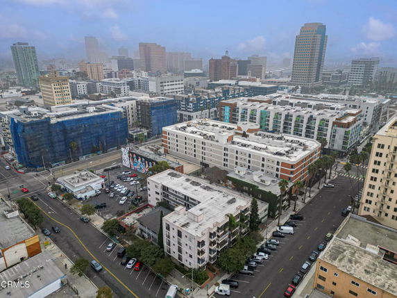 Aerial view of urban buildings and streets.