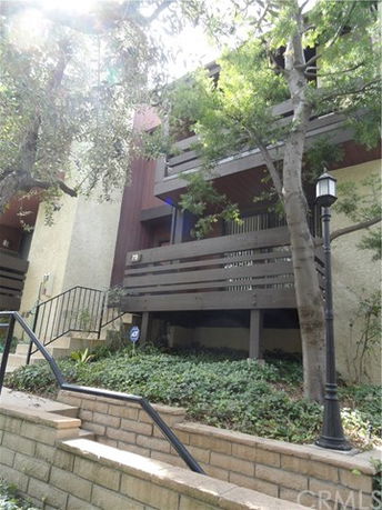 Front view of a multi-story building with balconies and surrounded by trees.