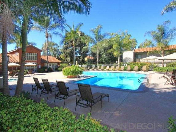 Outdoor swimming pool with lounge chairs and surrounding palm trees.