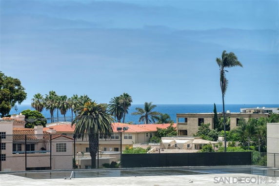 Panoramic view of coastal area with palm trees and ocean in the background.