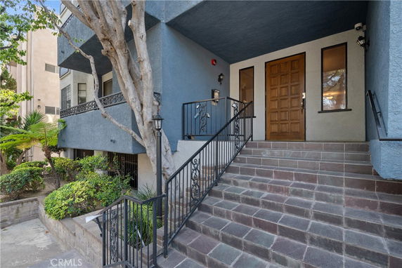 Front view of a building entrance with steps and a wooden door.