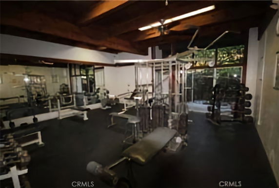 Interior view of a gym with exercise equipment and large windows.