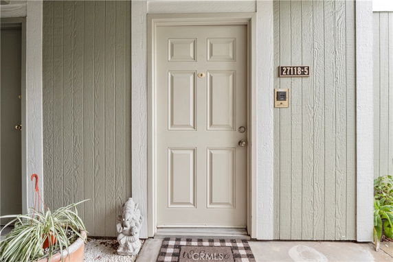 Front view of an entrance door with a wall-mounted number and decorative elements.