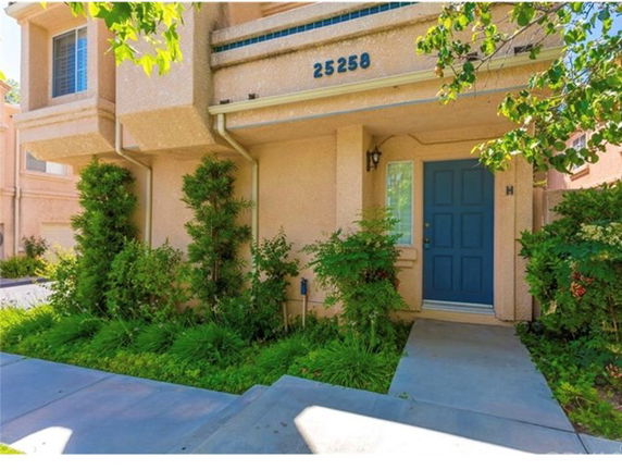 Front view of a house with a blue door and an address number displayed above.