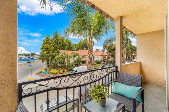 Balcony view overlooking a street with palm trees and adjacent buildings.