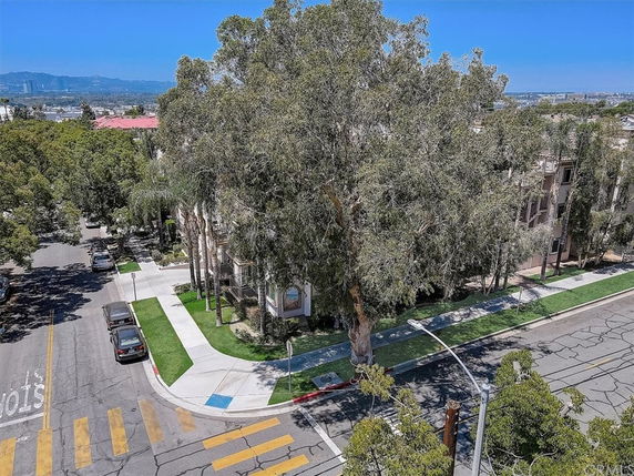 Aerial view of a residential area with trees, sidewalks, and parked cars along the street.
