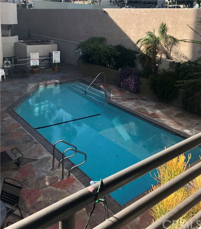 Outdoor swimming pool area with surrounding patio and plants.