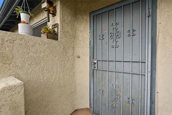 Entrance view with a decorative metal security door and wall-mounted planters.